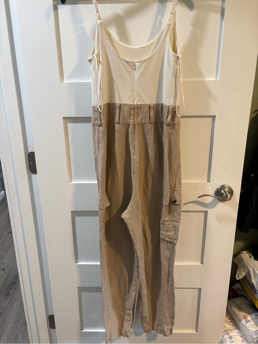 Express Linen Blend Utility Cargo Wide Leg Jumpsuit Small Ivory Taupe - Picture 3 of 10